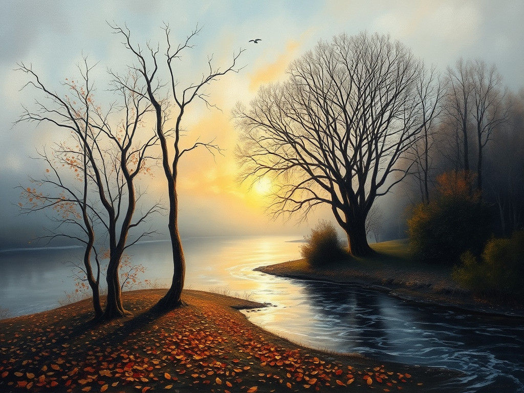 Impressionist Winter River Scene with Golden Dawn