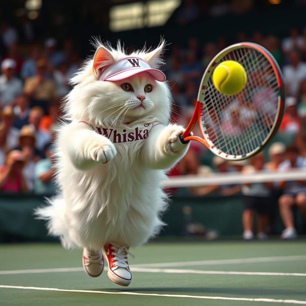 Cat Athlete Mid-Swing on Packed Tennis Court