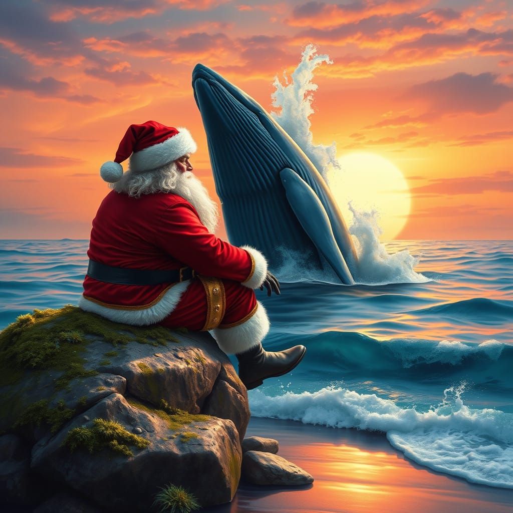 Santa Claus in Whimsical Sunset Landscape with Breaching Blu...