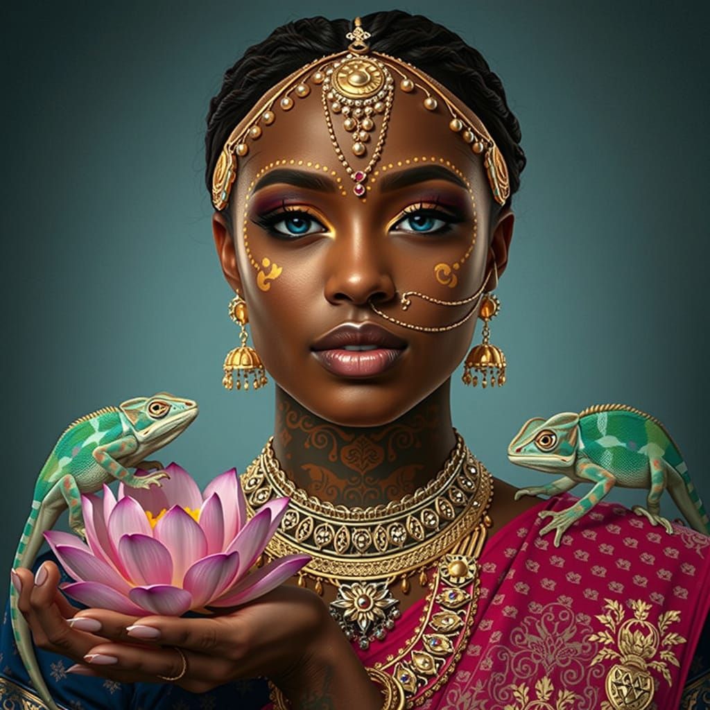 African American Woman in Indian Attire with Chameleons