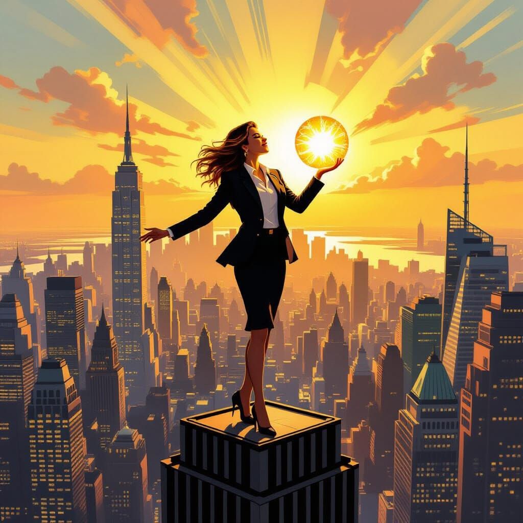 Triumphant Woman with Orb on Skyscraper in Rockwell Style