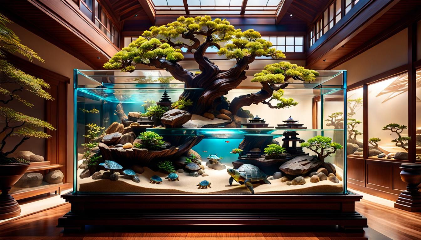 Whimsical Bonsai Oasis in a Glass Fish Tank Atrium