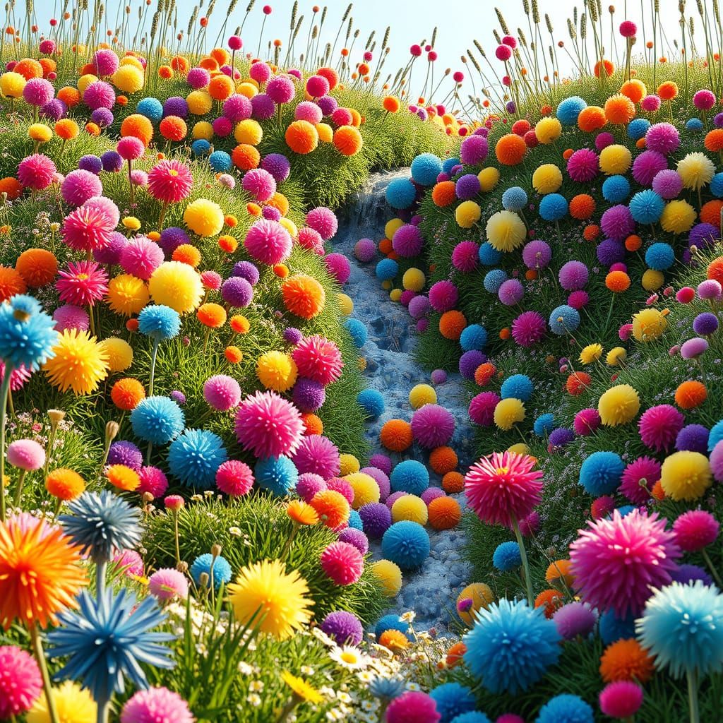 Hyperrealistic Pom Pom Meadow with Waterfall
