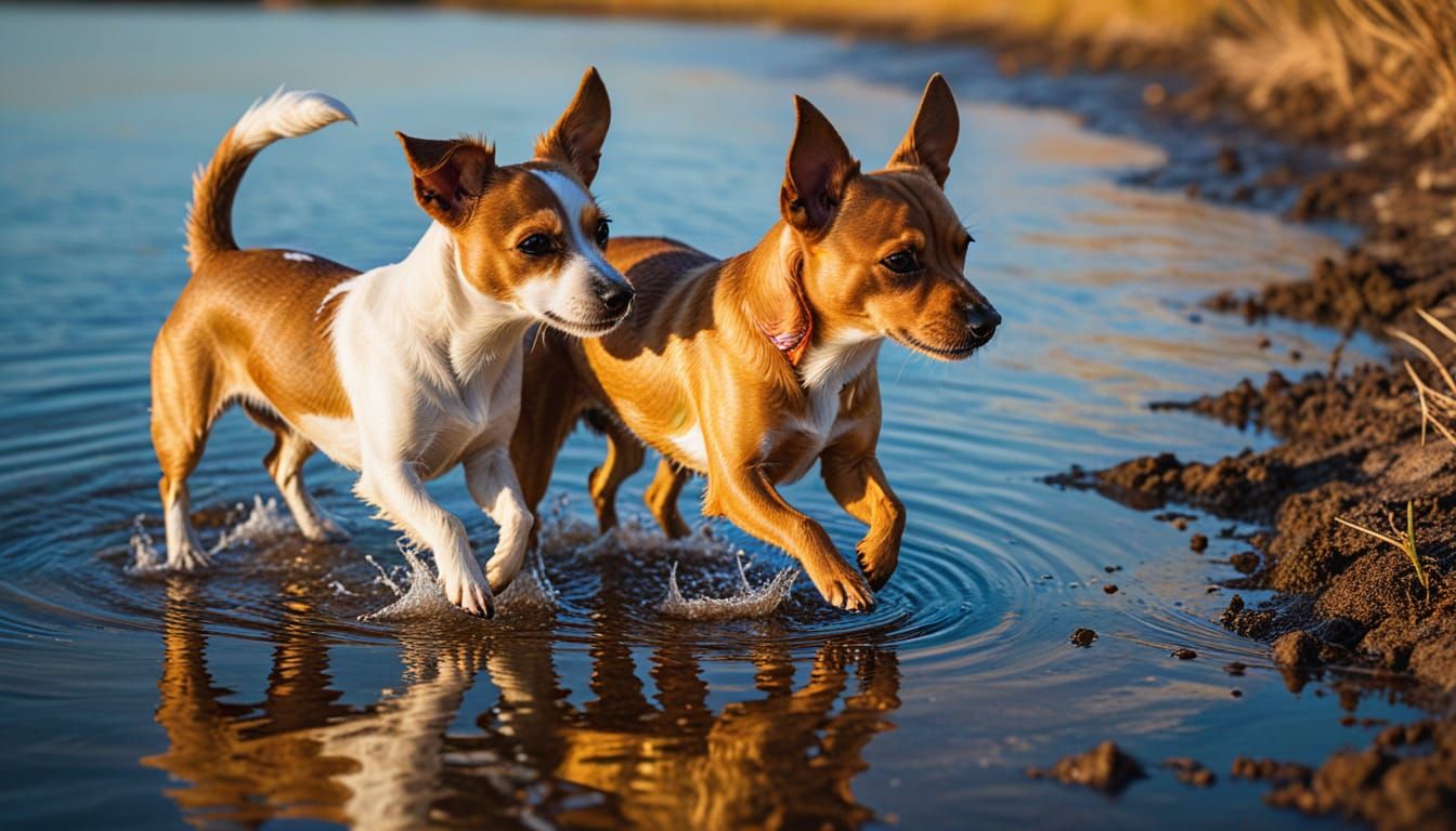 Dogs Play by Lake at Sunset: Alcohol Ink Art