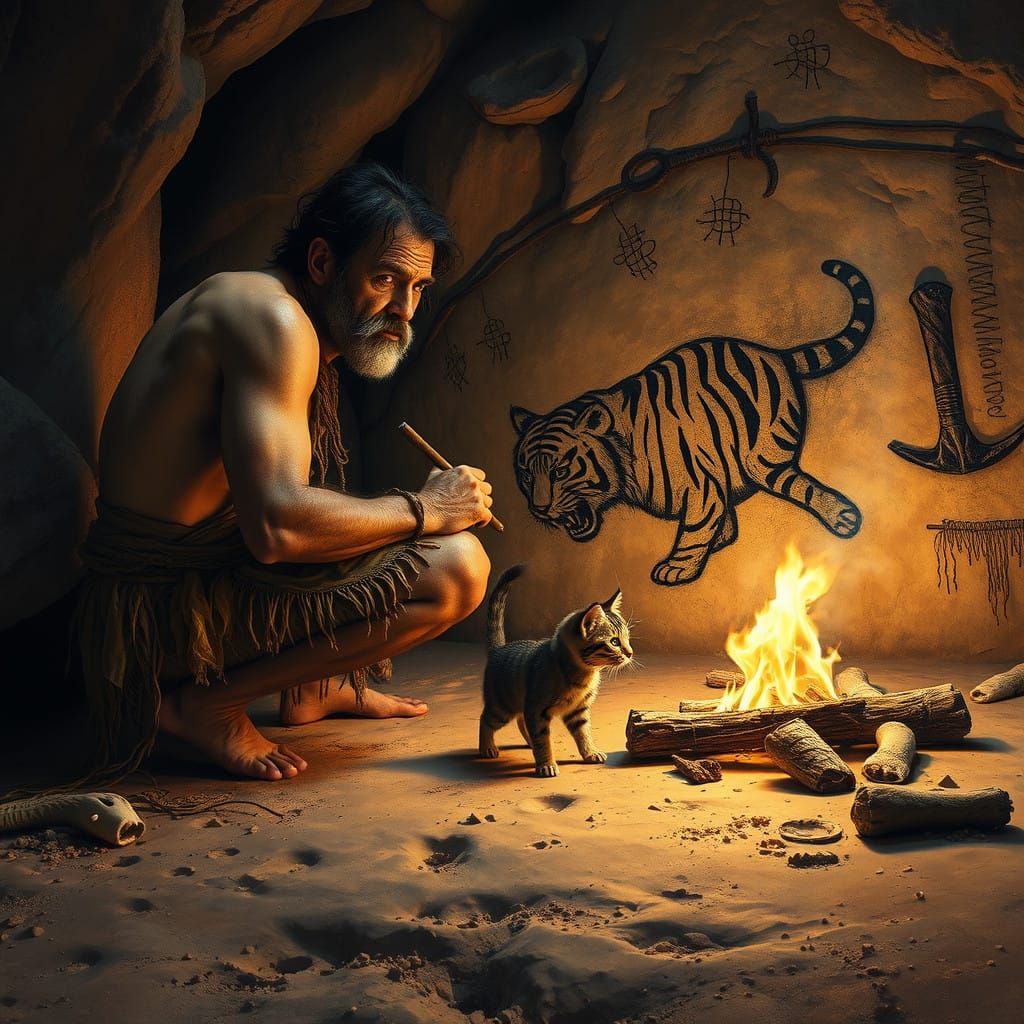 Prehistoric Caveman Creates Saber-Toothed Tiger Drawing in D...