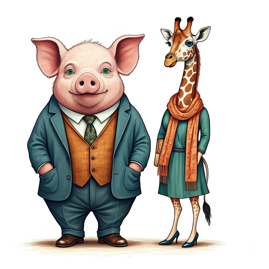 Whimsical Pig and Giraffe in a Beatrix Potter Style