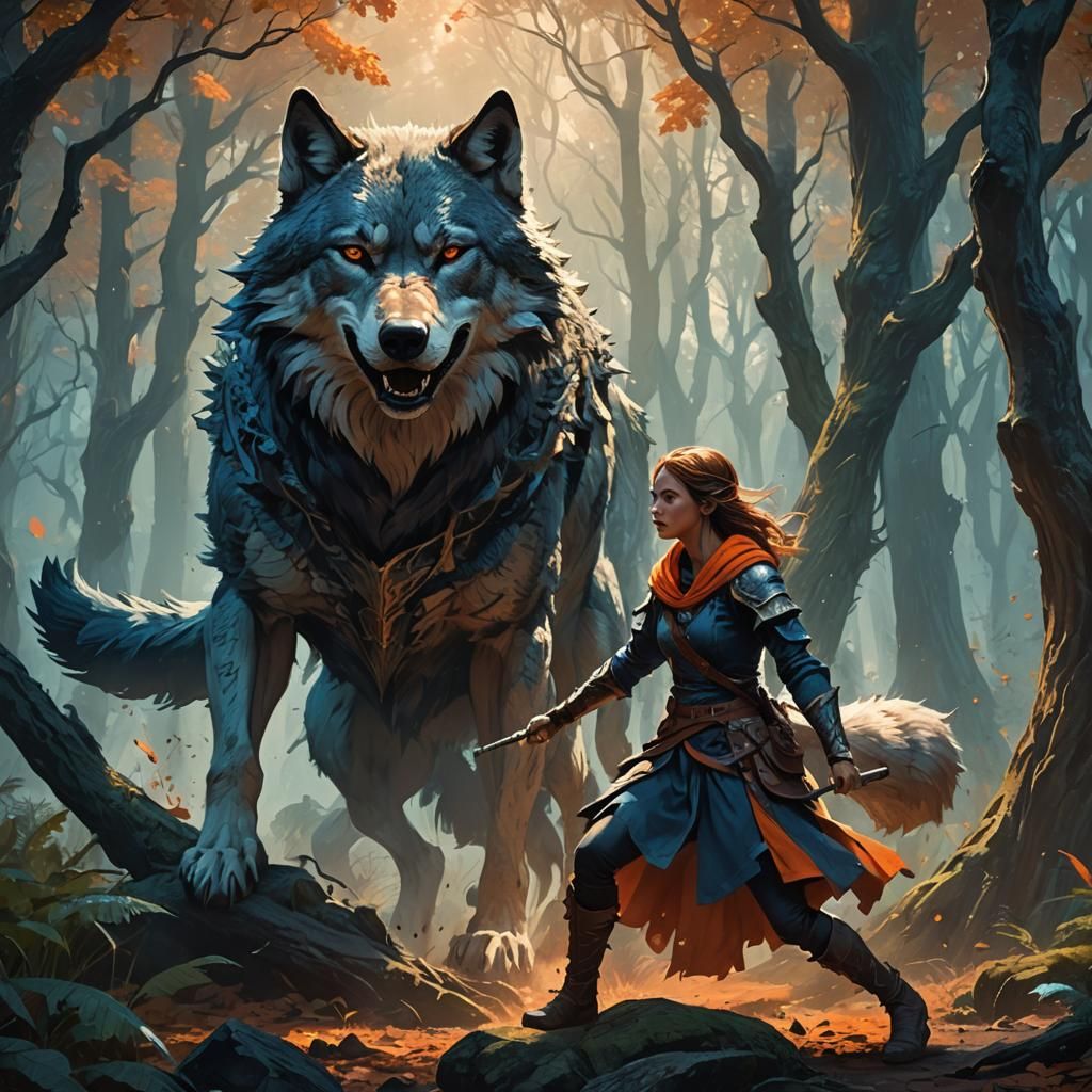 Fantasy Girl and Wolf Engage in Epic Battle Amidst Mysteriou...