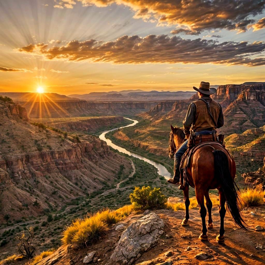 Cowboy Sunset Over Red River Valley: Wild West Scene
