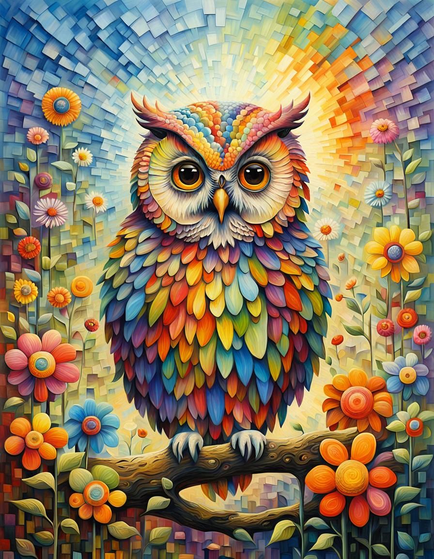 Whimsical Impressionist Owl in Vibrant Floral Setting