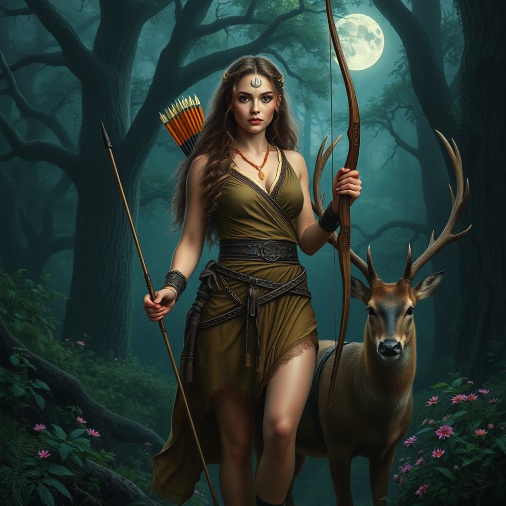 Greek Goddess Artemis in Lush Forest, Majestically Posed wit...