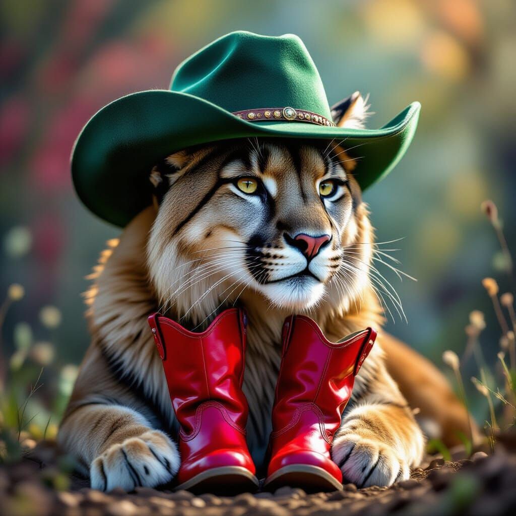 Majestic Mountain Lion in Red Boots and Green Hat