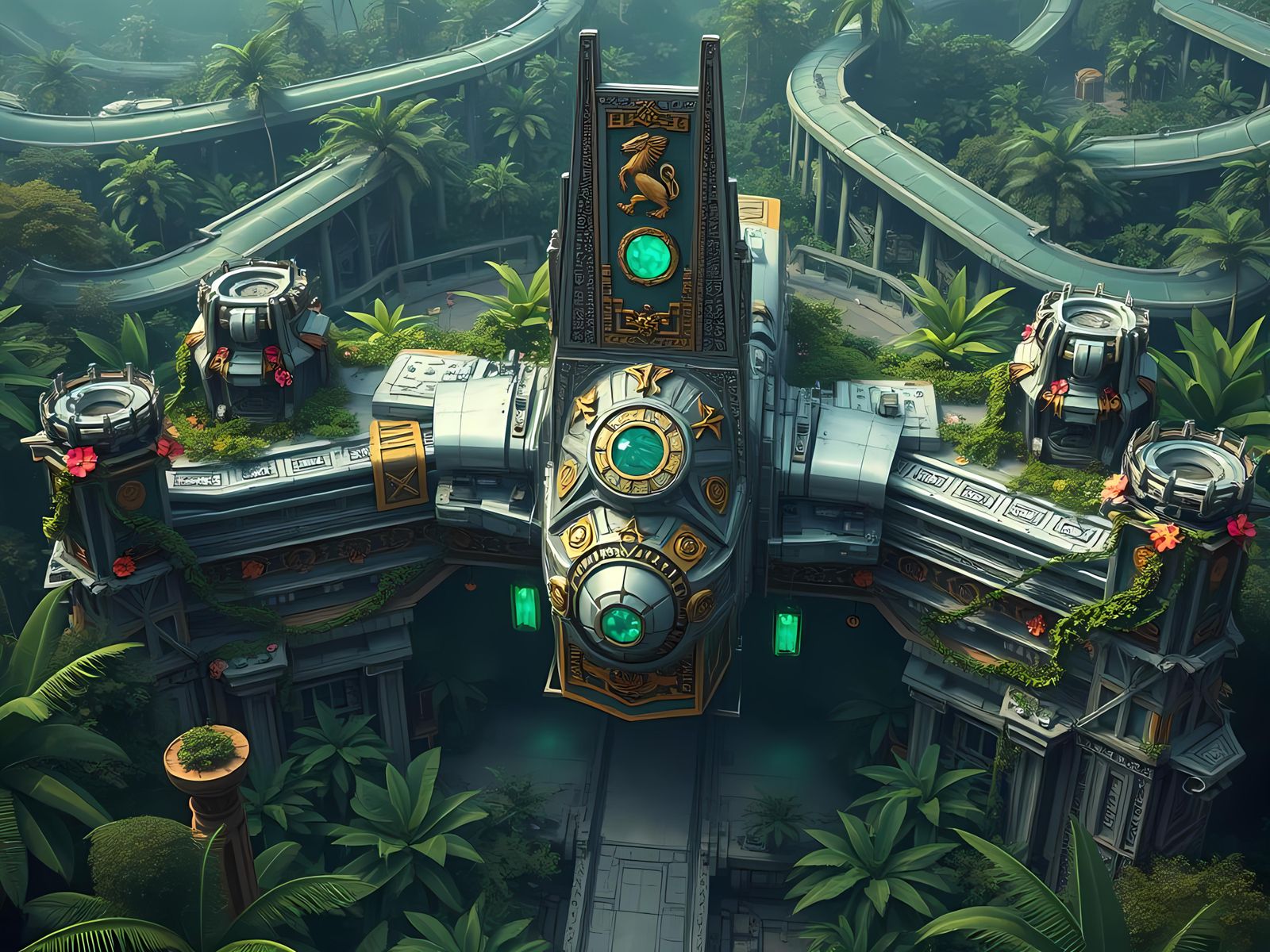 Aztec Starship Hanger Amidst Jungle Ruins