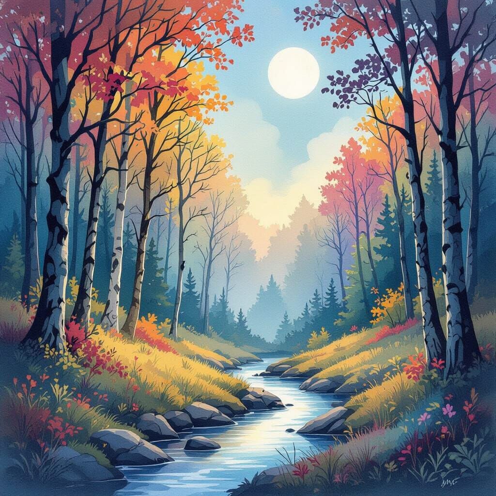 Whimsical Forest Landscape in Watercolor and Ink