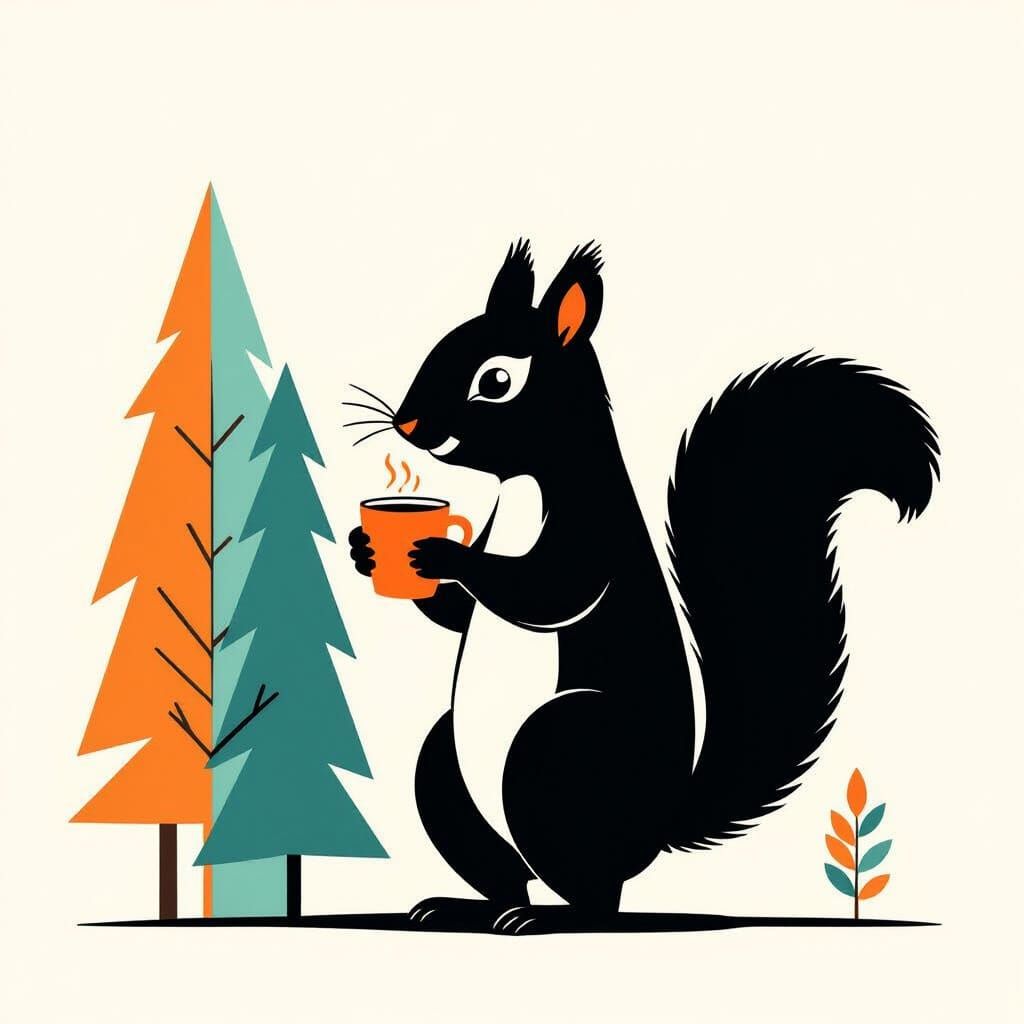 Minimalist Silhouette of Squirrel with Coffee Cup