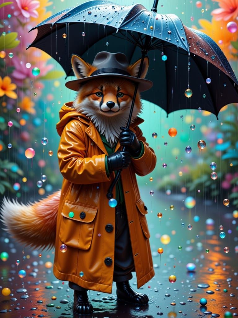 Fox Dancing in Rain, Hyper-Realistic Oil Painting