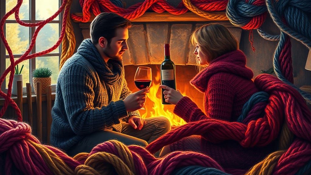 Cozy Evening with Yarn: A Vibrant 3D Scene of Love and Warmt...