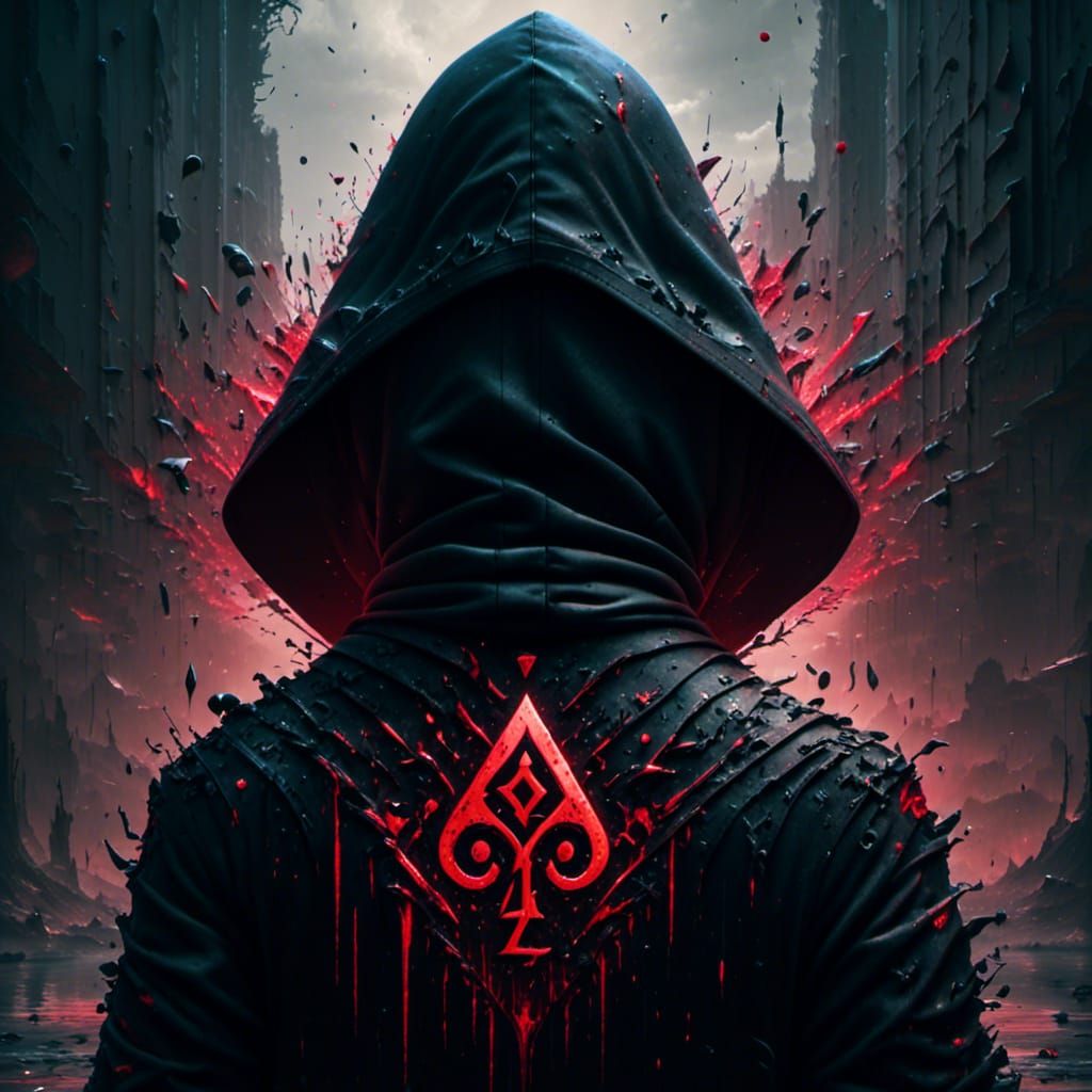 Hyperrealistic Figure in Black with Glowing Ace of Spades