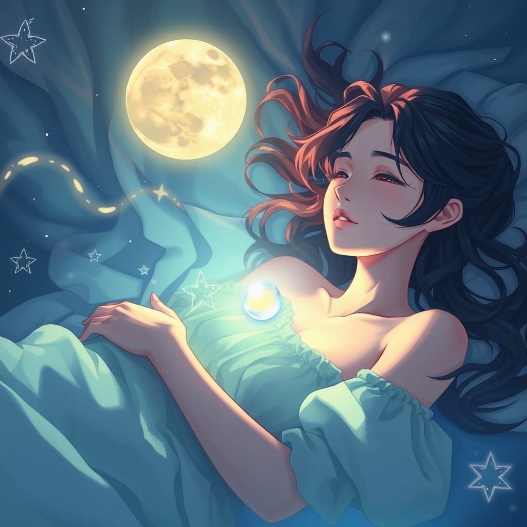 Ethereal Dreamscape with Serene Woman and Midnight Sky