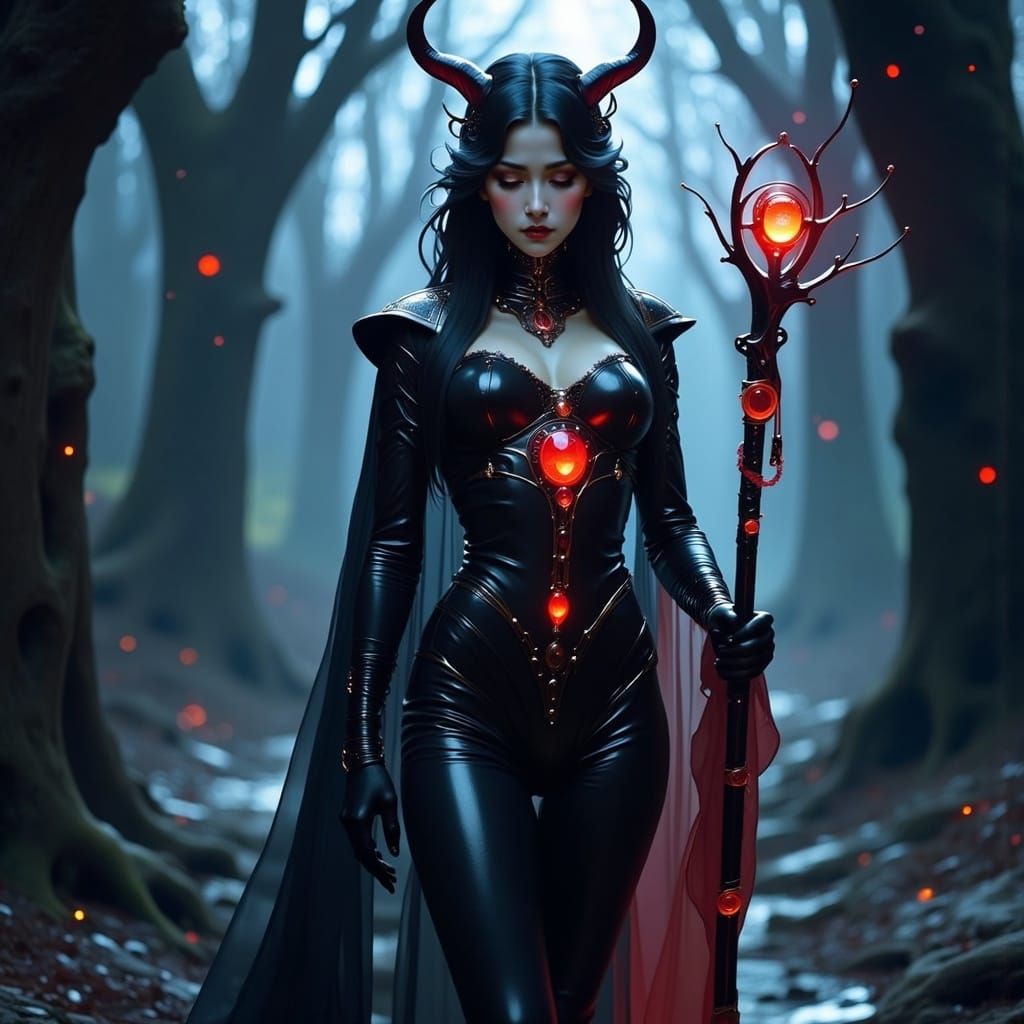 Dark Goddess of Fear in Red-Hued Armor