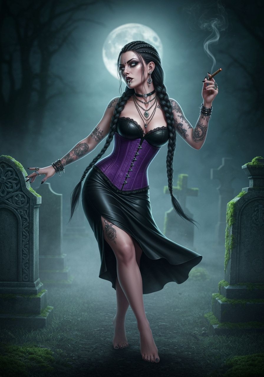 Gothic Woman Dancing in Graveyard, Hyperrealistic Dark Roman...