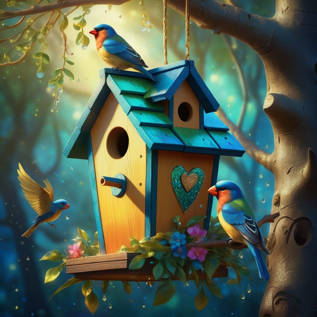 Dreamy Birdhouse with Lovebirds: Digital Fantasy Art