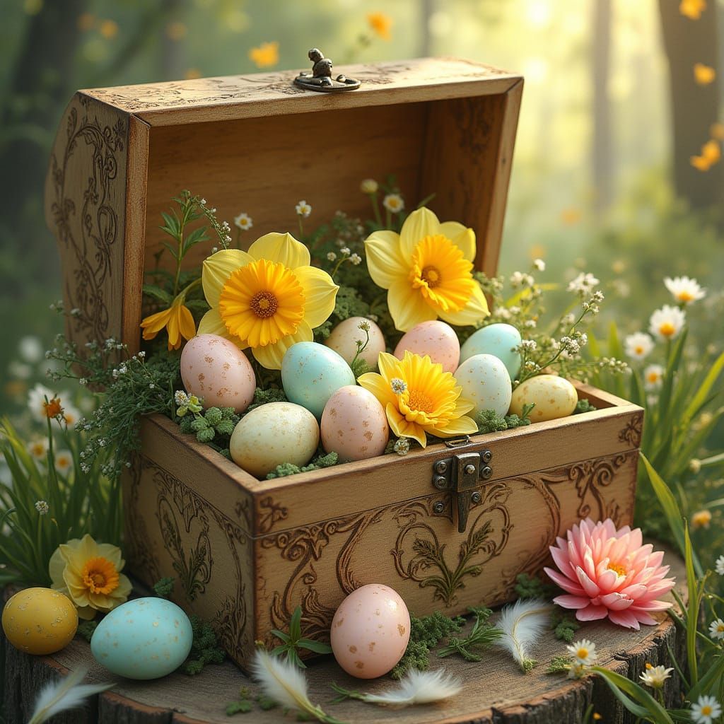 Vintage Springtime Treasure Box in Whimsical Woodcarving Sty...