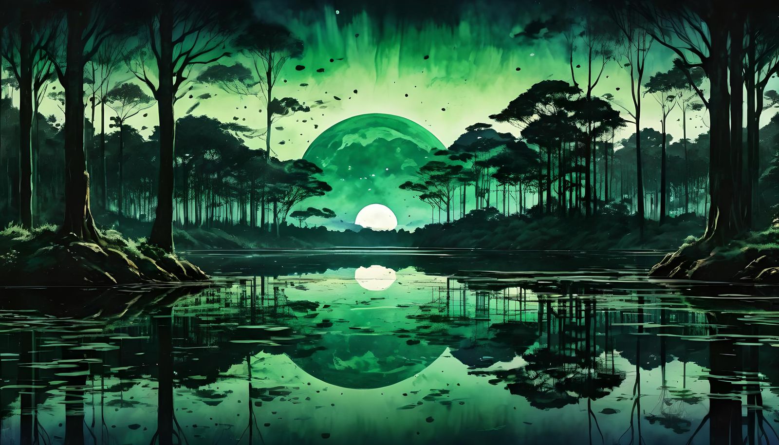 Moonlit Forest Lake in Vibrant Black and Green