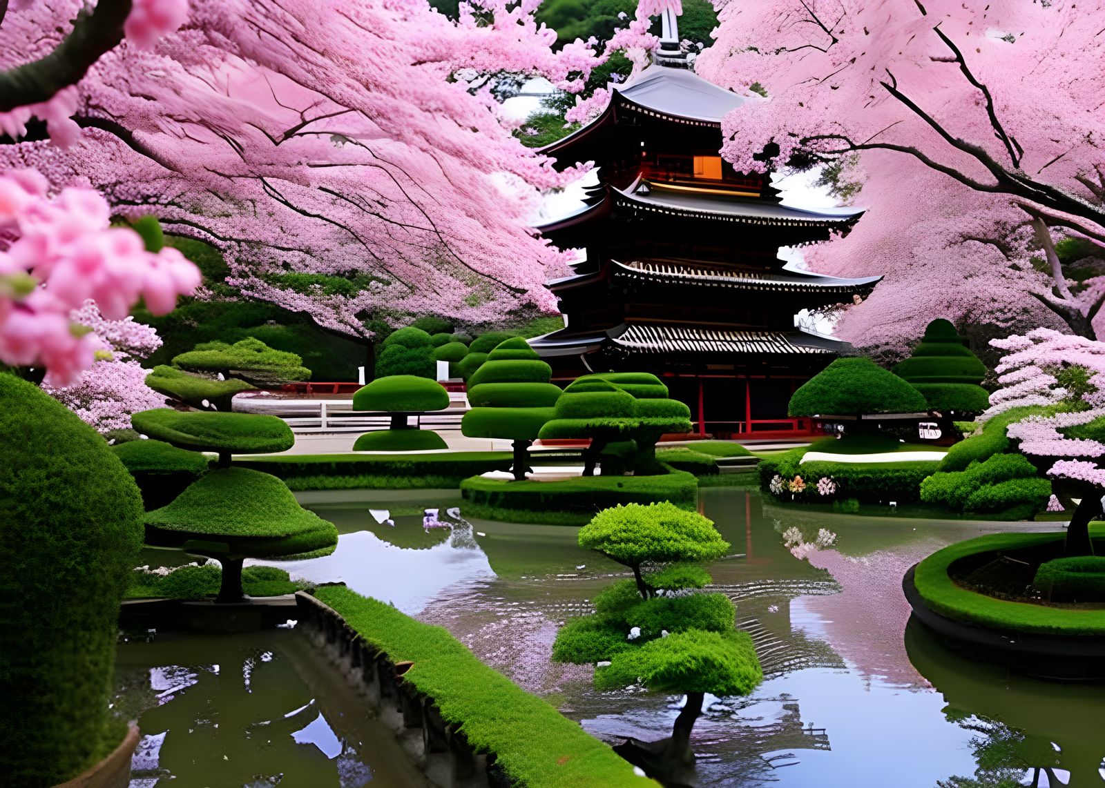 Japanese Temple with Cherry Blossoms in Intricate Detail