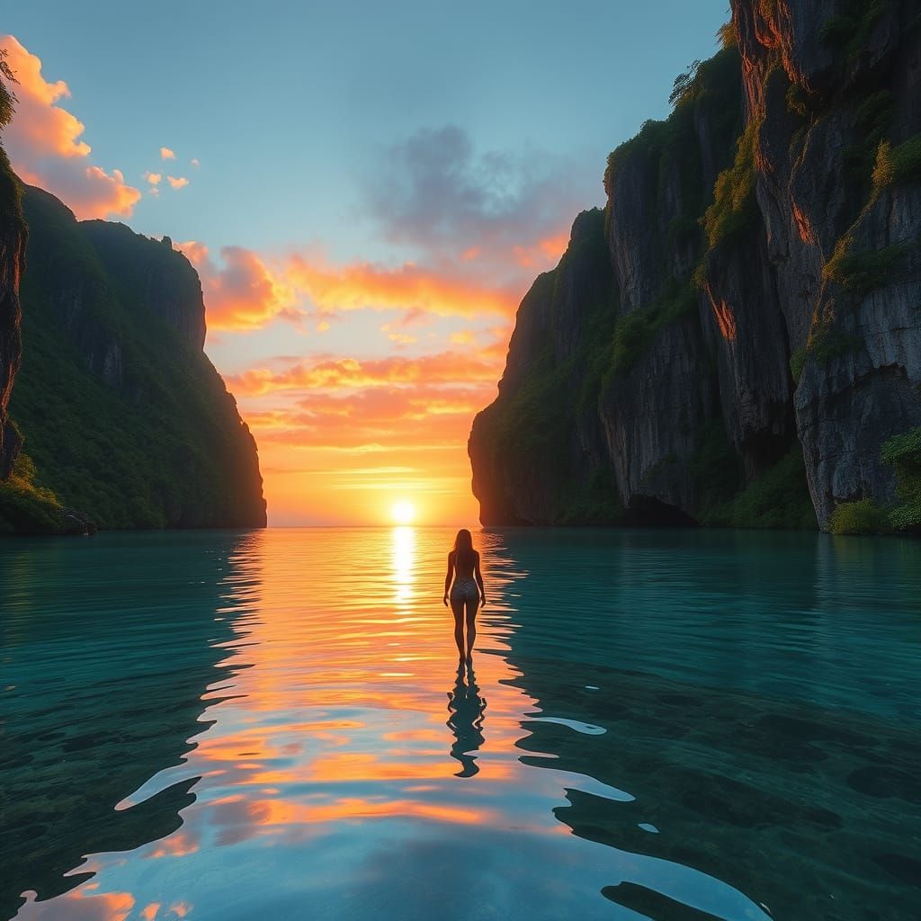 Lagoon Sunset with Tranquil Woman in Dreamy Style