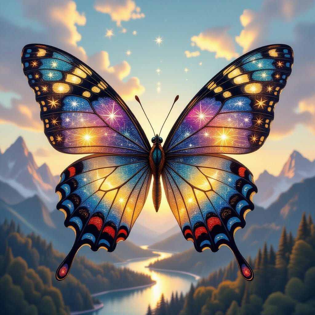 Ethereal Butterfly with Dreamscape Wings in a Cloud Garden