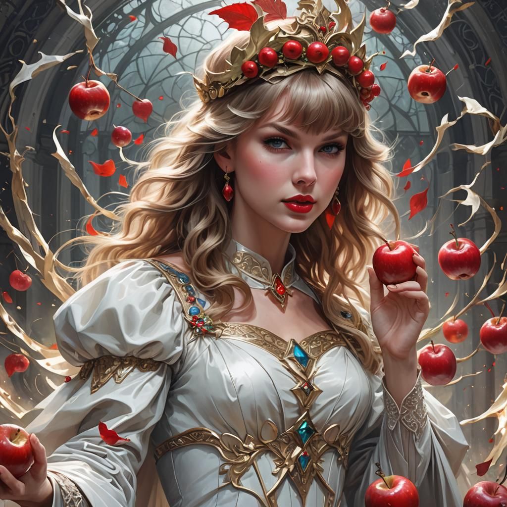 Elegant White Witch Holds Red Poison Apple in Splendid Portr...