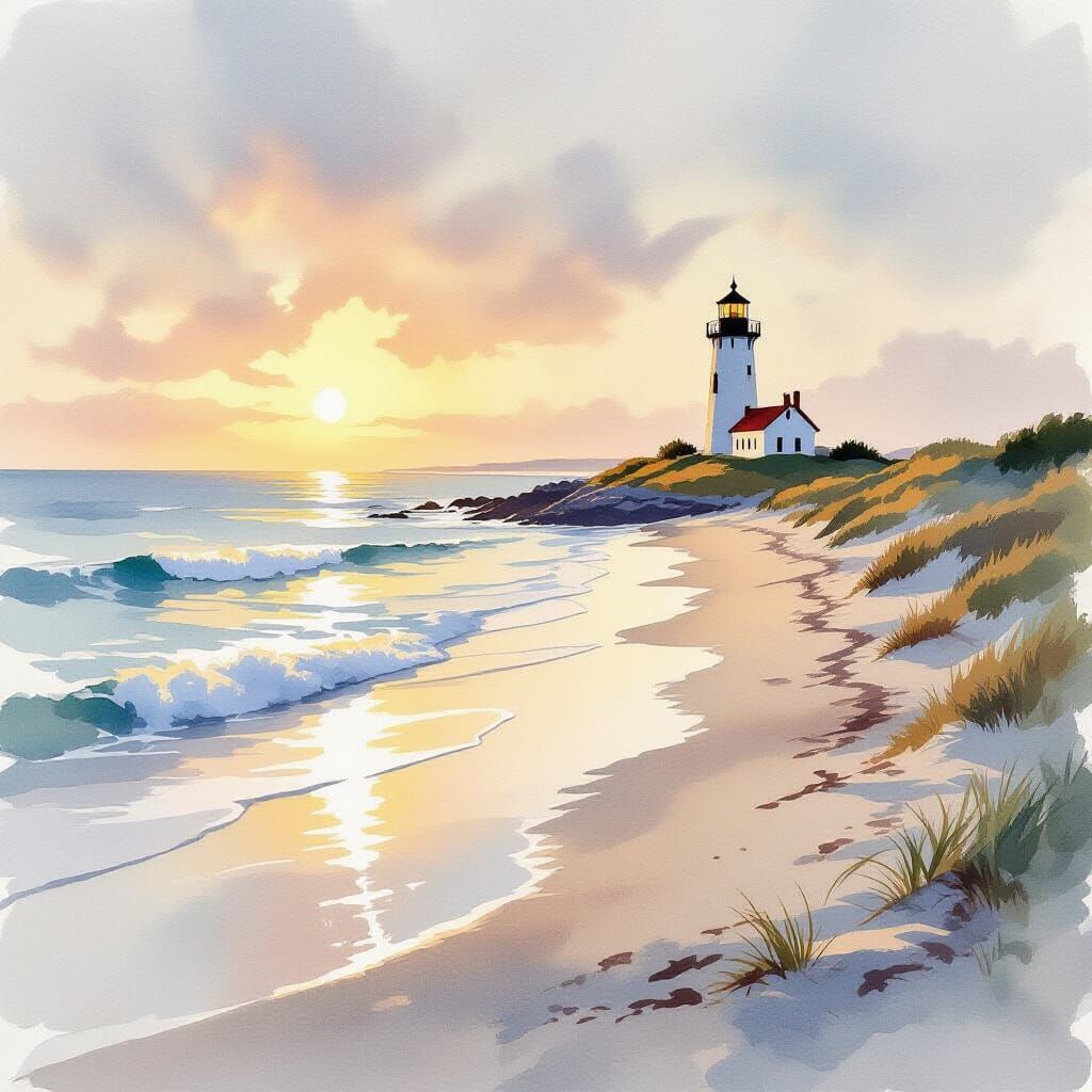 Serene Coastal Dawn Landscape in Watercolor Style