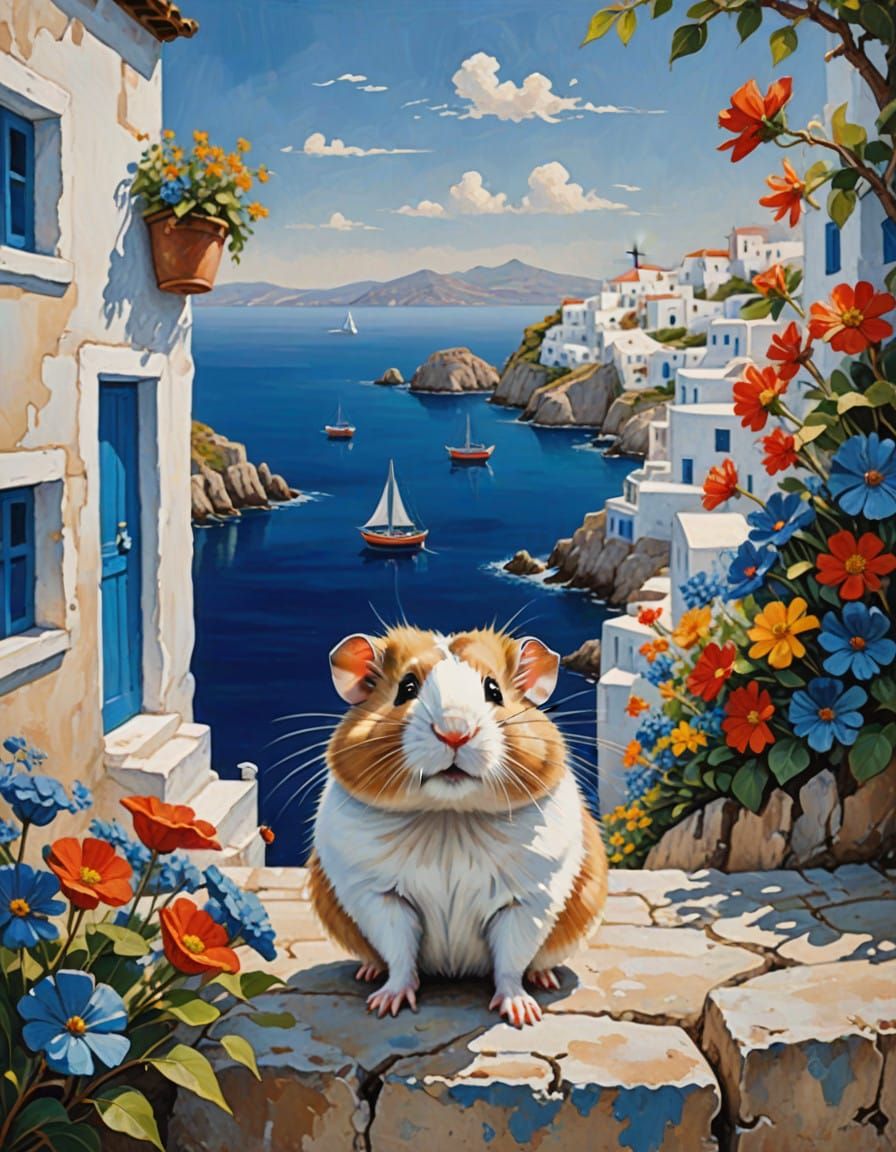 Whimsical Greek Hamster Amidst Vibrant Summer Bloom