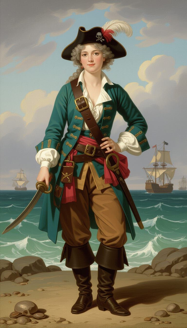 Portrait of a pirate in the style of Elisabeth Louise Vigée Le Brun, full body
