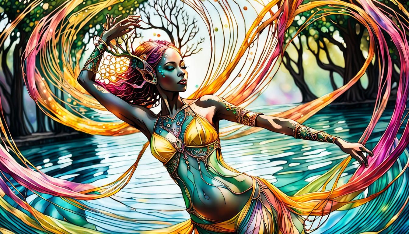 Ethereal Elf Maiden Dancing in Wine-Stained Garden