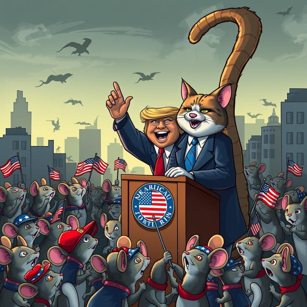 Mice in a Miniature Cityscape Fawn Over Trump Cat