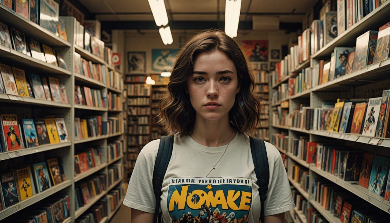 Radiant Young Woman in Comic Book Shop