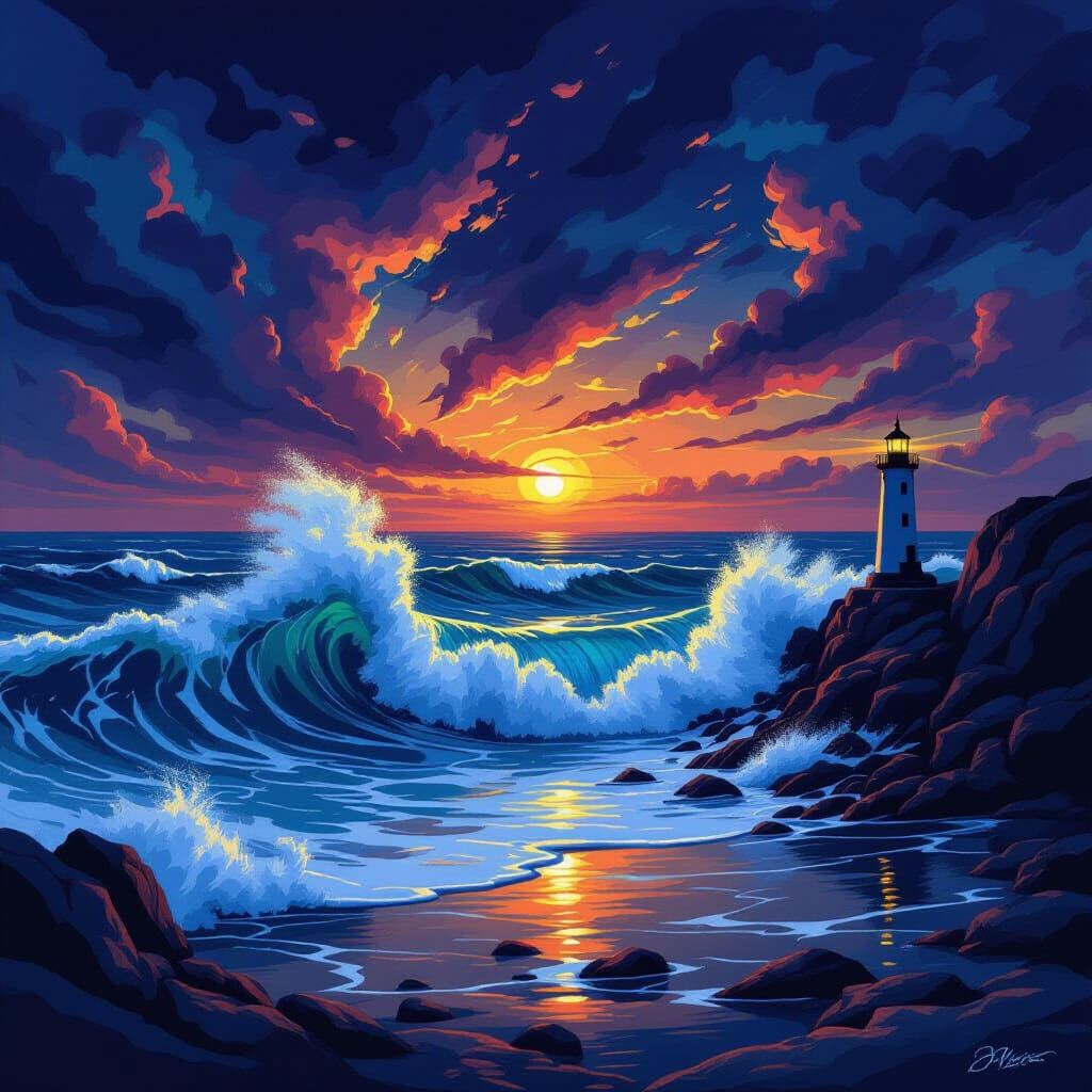 Stormy Twilight Ocean Painting with Palette Knife Technique