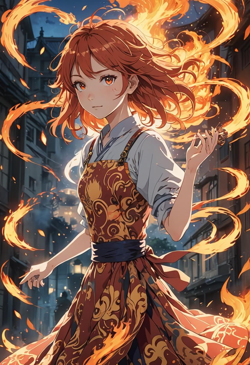 Dreamy Anime Goddess Swirls with Vibrant Fire