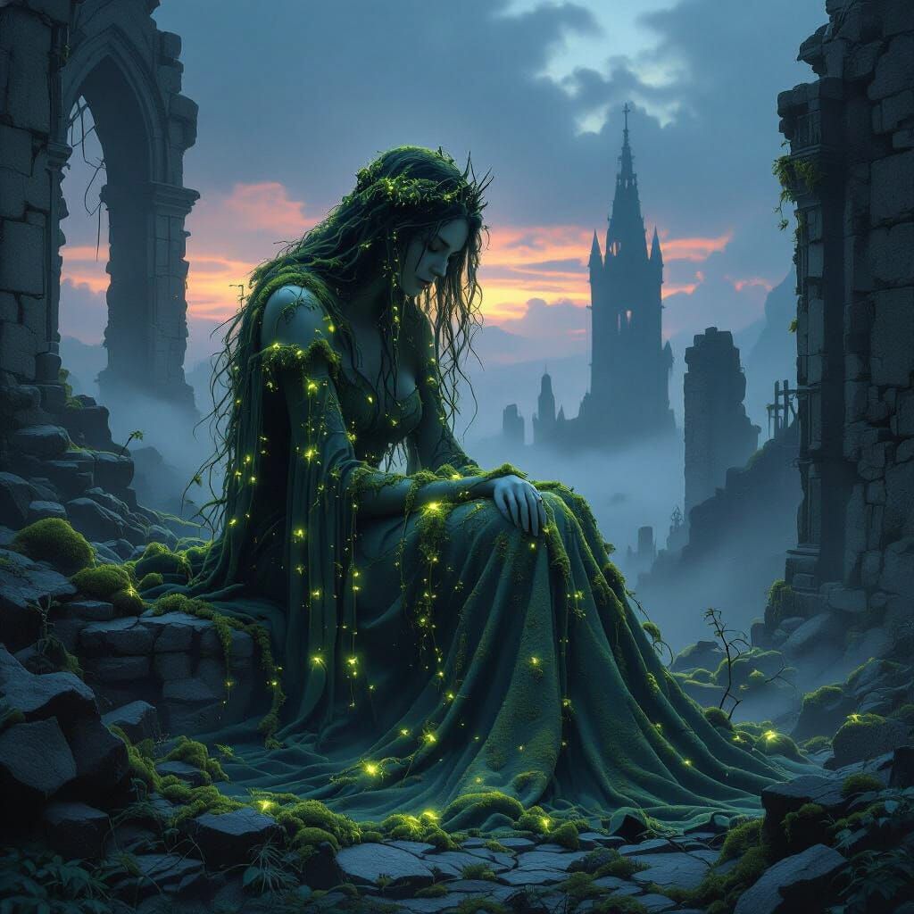 Giantess in Gothic Ruins with Luminous Moss