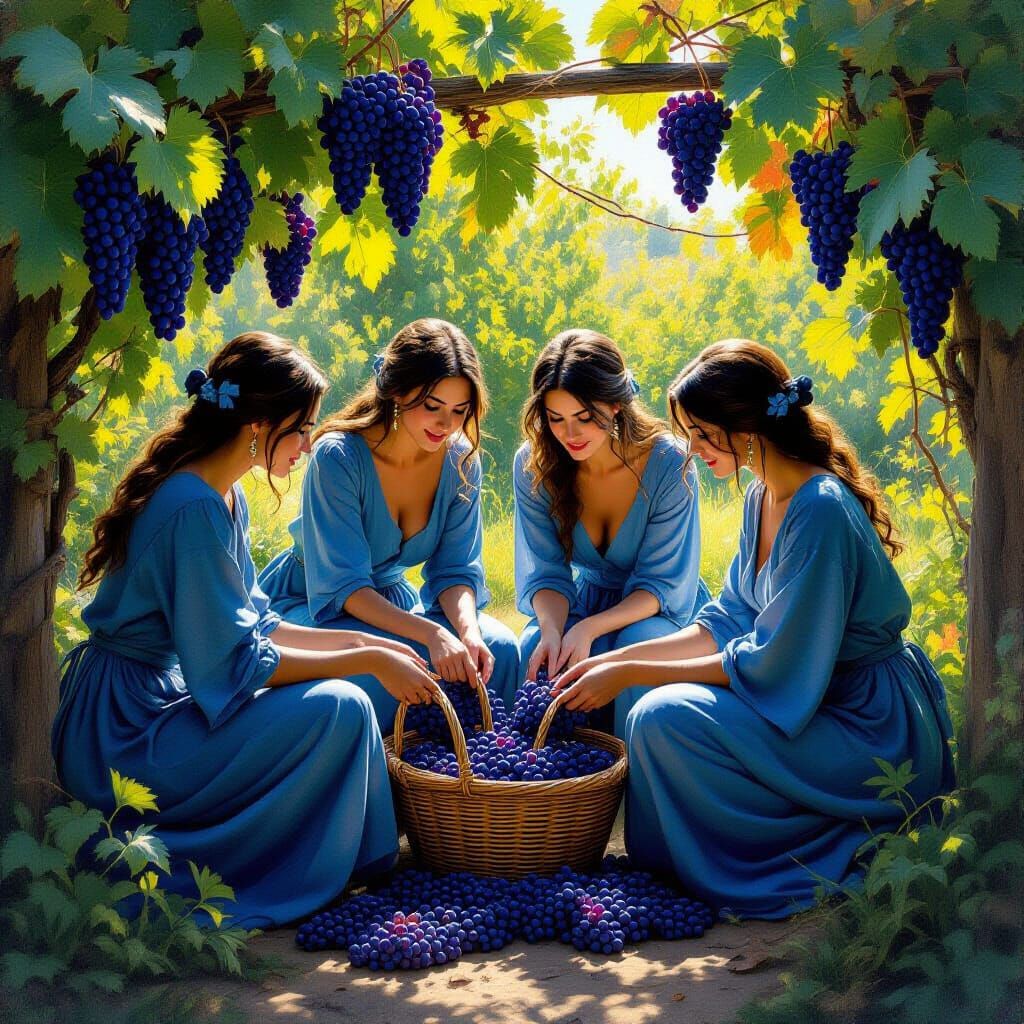 Women Picking Grapes in Garden, Matte Painting Style
