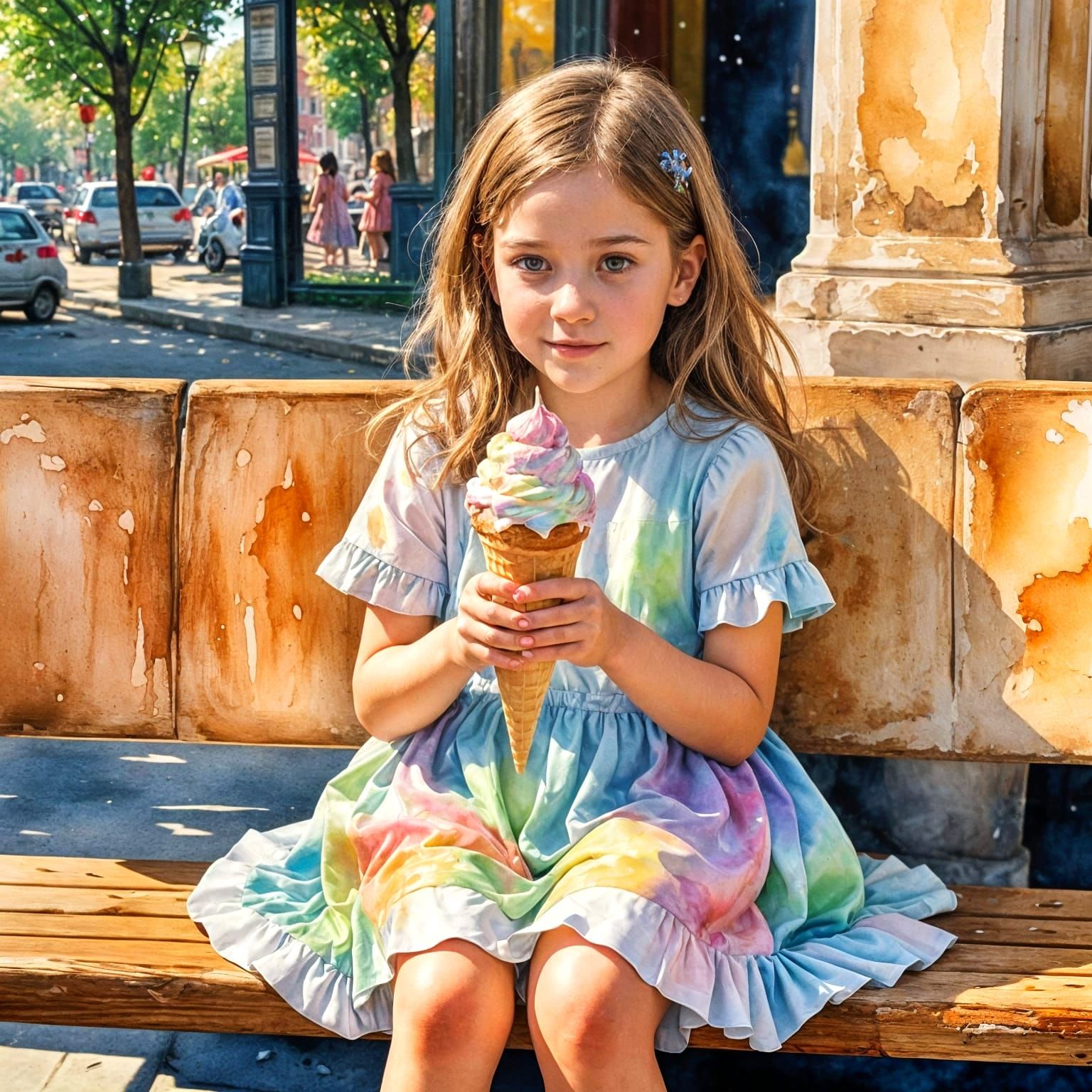Watercolor Town Scene with Girl and Ice Cream
