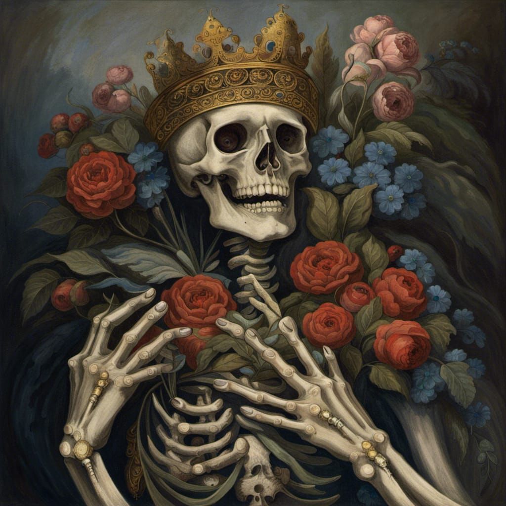 Majestic Crowned Skeleton Dances with Earrings and Rings