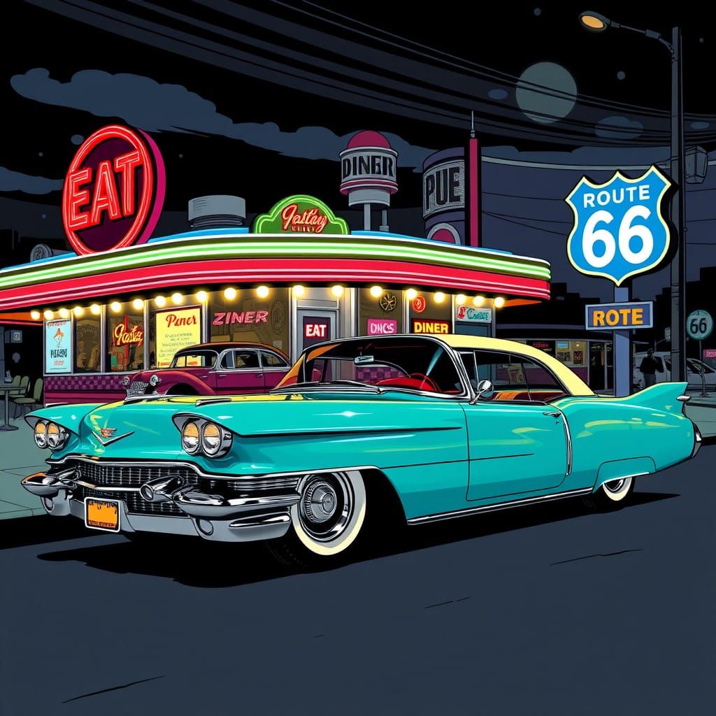 Retro-Pop Art Cadillac Eldorado on Route 66