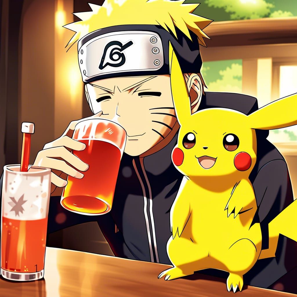 Naruto Meets Pikachu in a Magical Drinking Scene