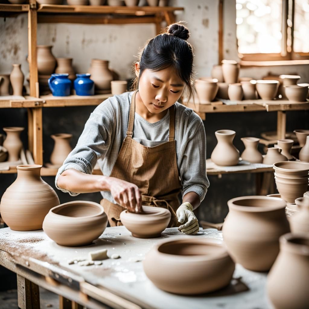 Artistic Young Woman Molds Pottery in Studio
