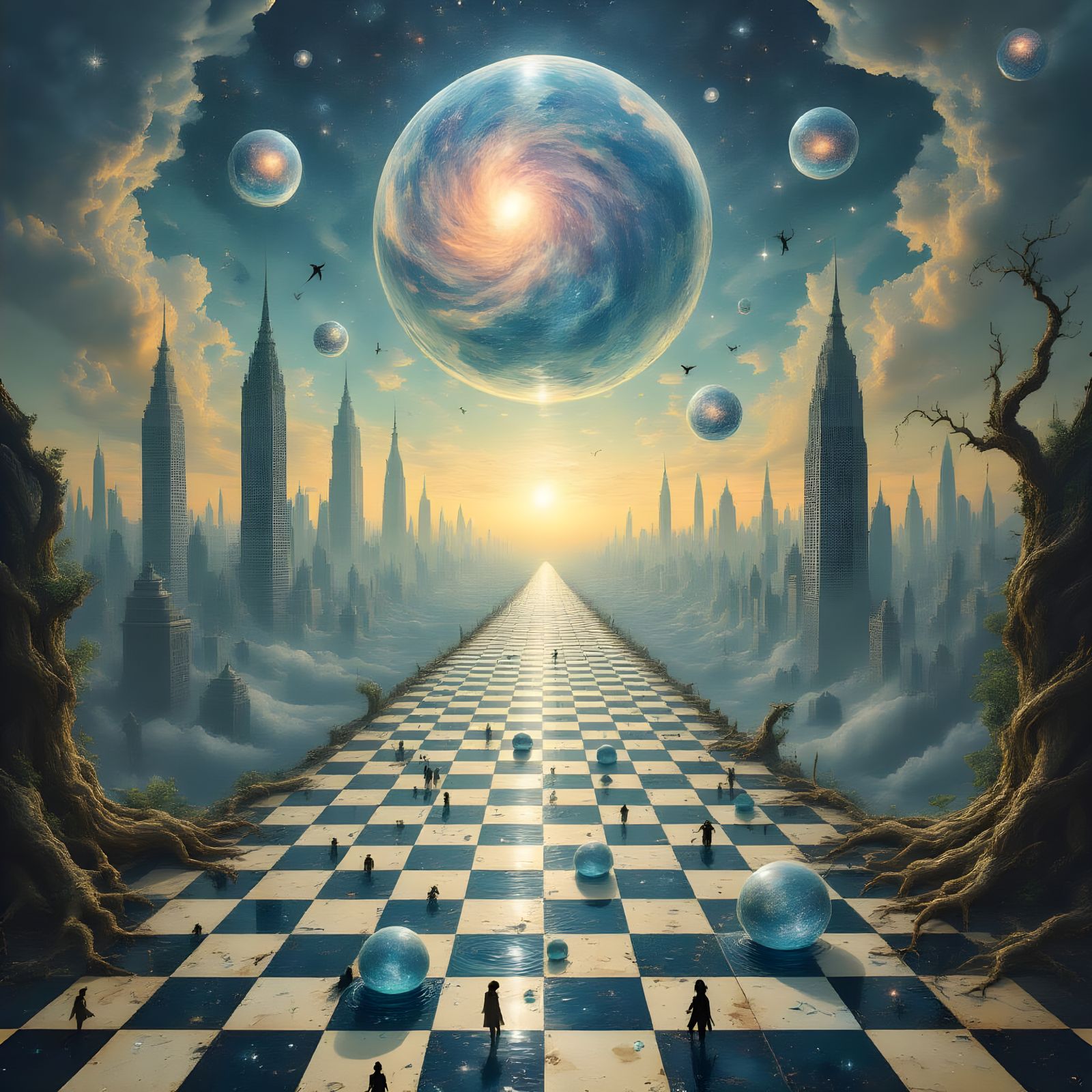 Surreal Melting Cityscape with Cosmic Moons