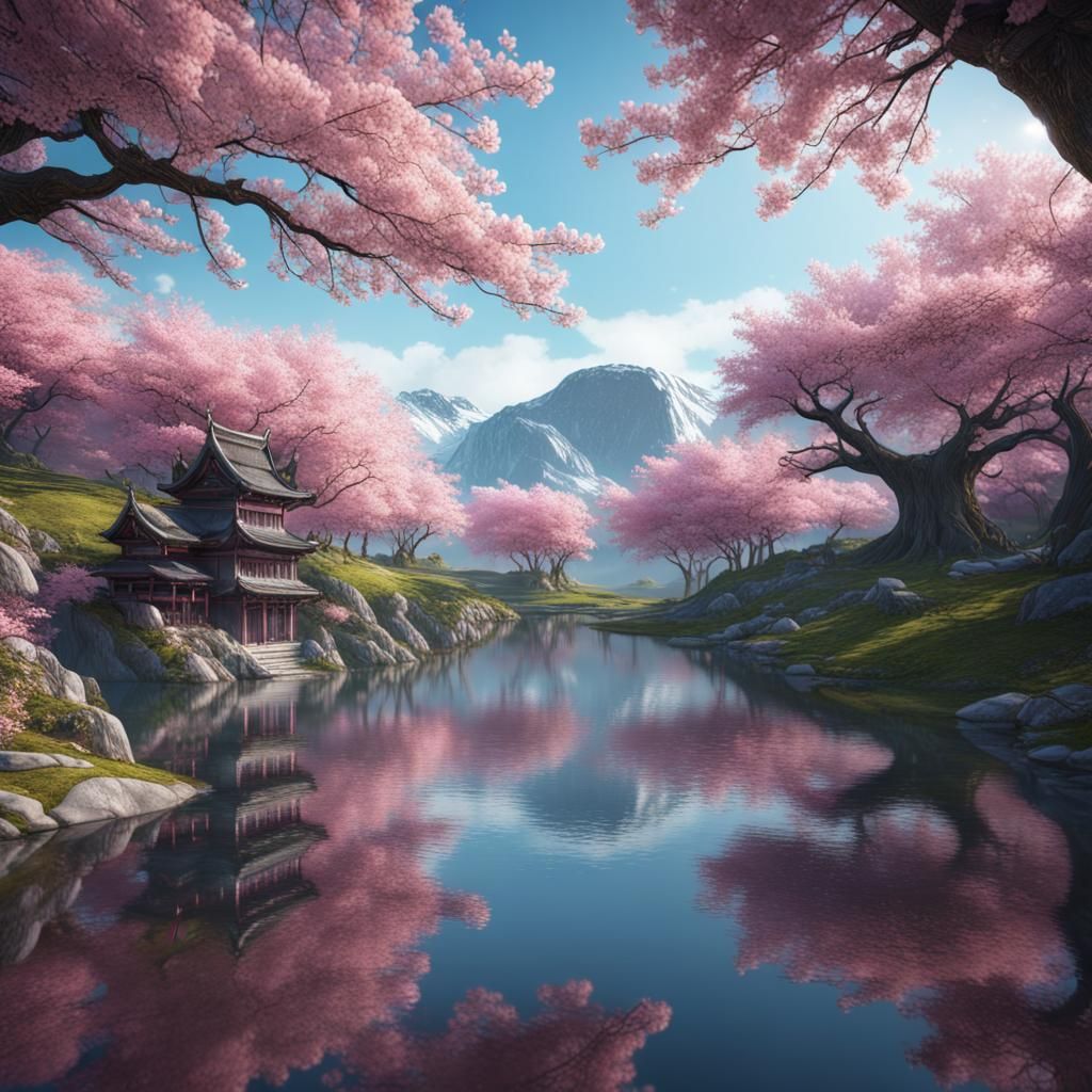 Surreal Glass Lake Blossoms with Cherry Petals