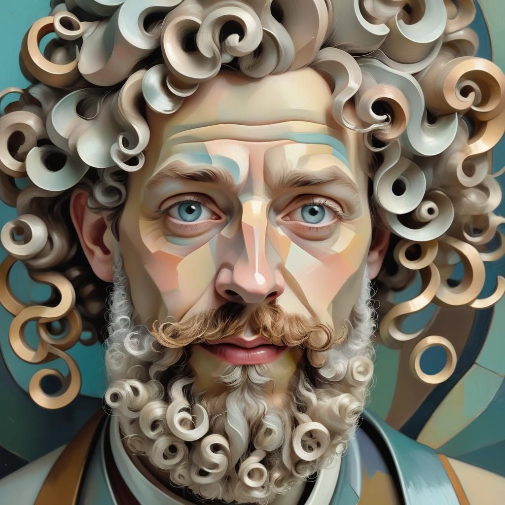 Surreal Cubist Portrait with Whimsical Beard and Ornate Baro...