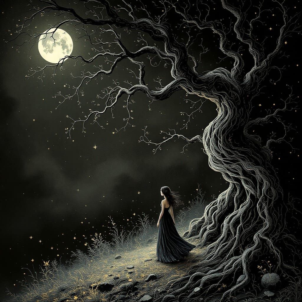 Dark Whimsy Illustration of a Woman in a Flowing Dress by a....